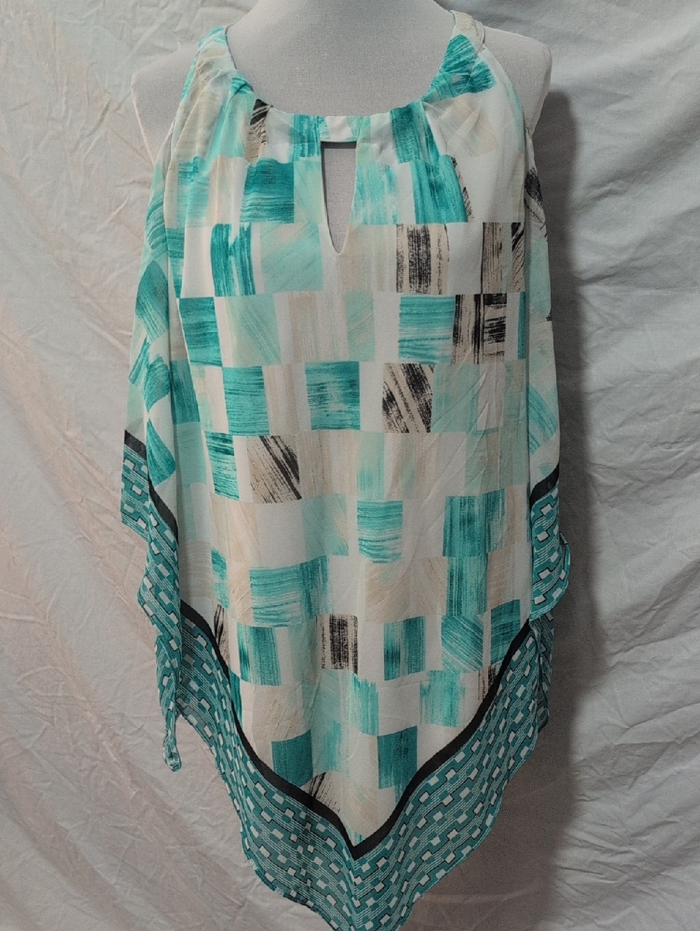 Alfani Sleeveless Tunic Top in Aqua and White Brushstroke Print